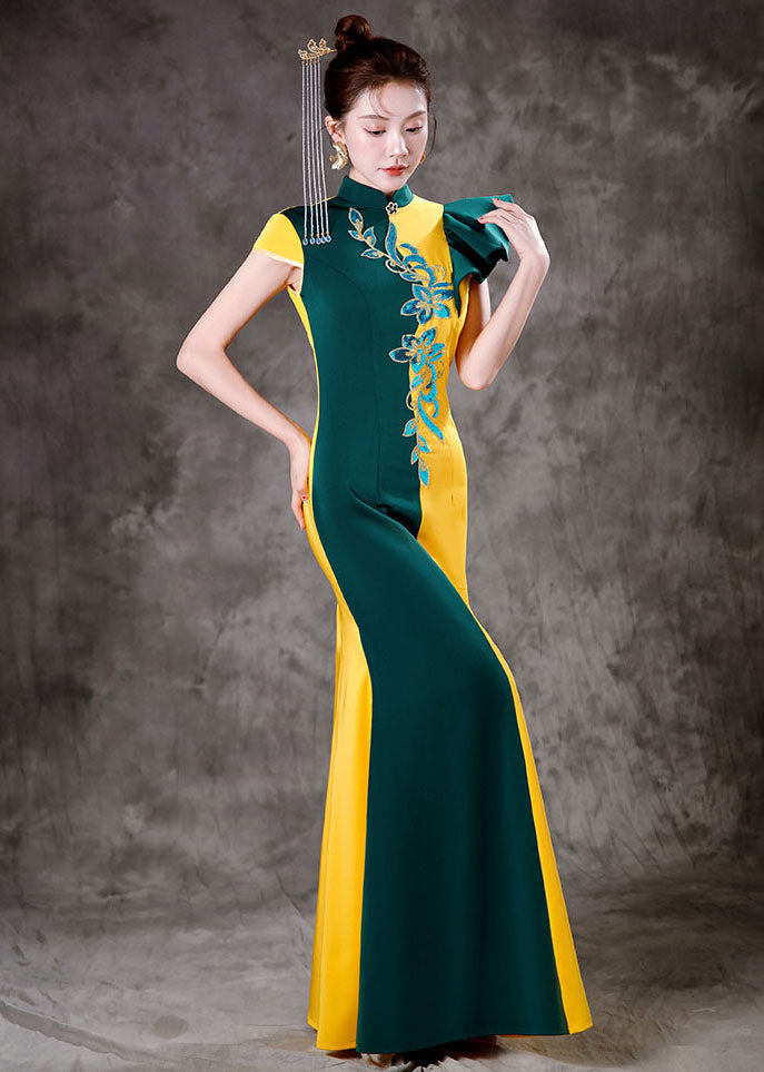 Classy Yellow Green Colorblock Asymmetrical Ruffled Silk Party Long Dress Short Sleeve Ada Fashion