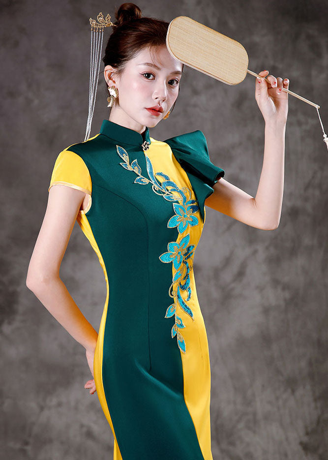 Classy Yellow Green Colorblock Asymmetrical Ruffled Silk Party Long Dress Short Sleeve Ada Fashion