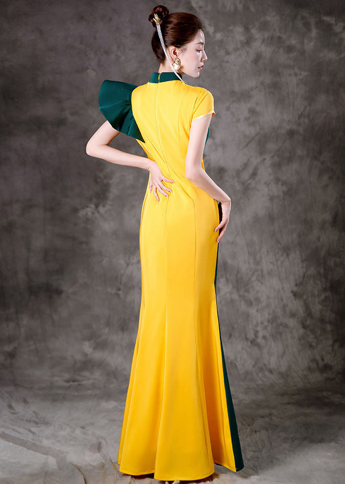 Classy Yellow Green Colorblock Asymmetrical Ruffled Silk Party Long Dress Short Sleeve Ada Fashion