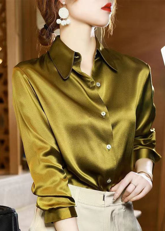 Classy Yellow Peter Pan Collar Button Patchwork Silk Shirt Spring LY1412 - fabuloryshop