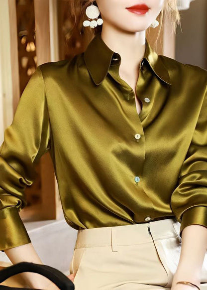 Classy Yellow Peter Pan Collar Button Patchwork Silk Shirt Spring LY1412 - fabuloryshop