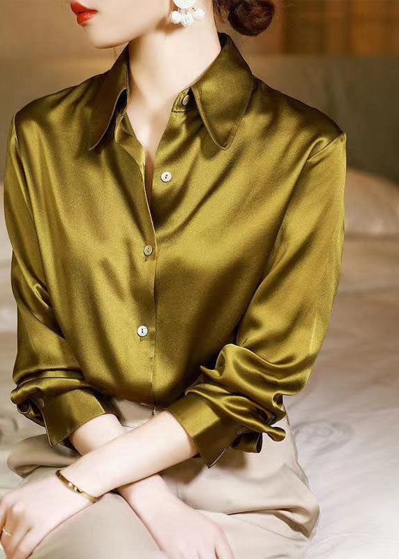 Classy Yellow Peter Pan Collar Button Patchwork Silk Shirt Spring LY1412 - fabuloryshop