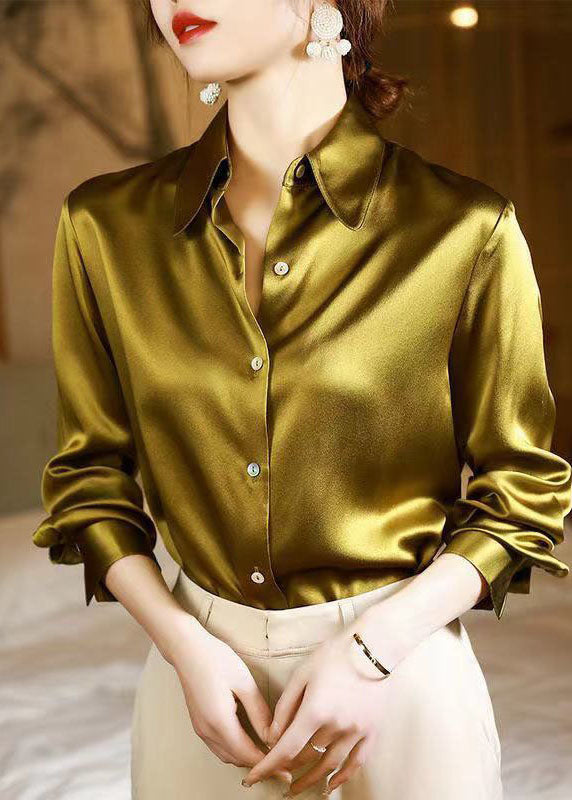 Classy Yellow Peter Pan Collar Button Patchwork Silk Shirt Spring LY1412 - fabuloryshop