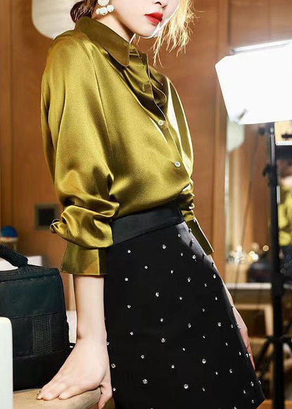 Classy Yellow Peter Pan Collar Button Patchwork Silk Shirt Spring LY1412 - fabuloryshop