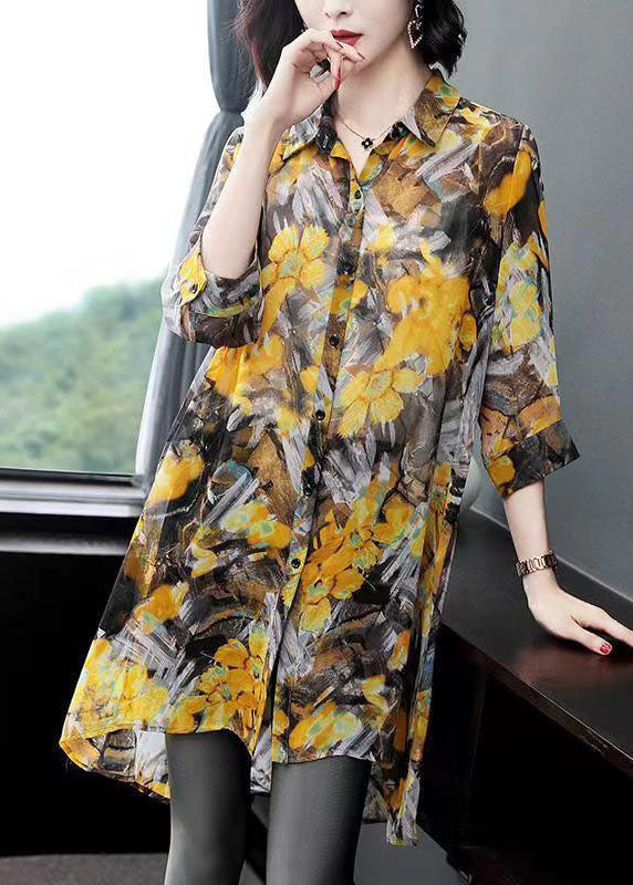 Classy Yellow Peter Pan Collar Print Patchwork Chiffon Shirts Top Summer LY6736 - fabuloryshop