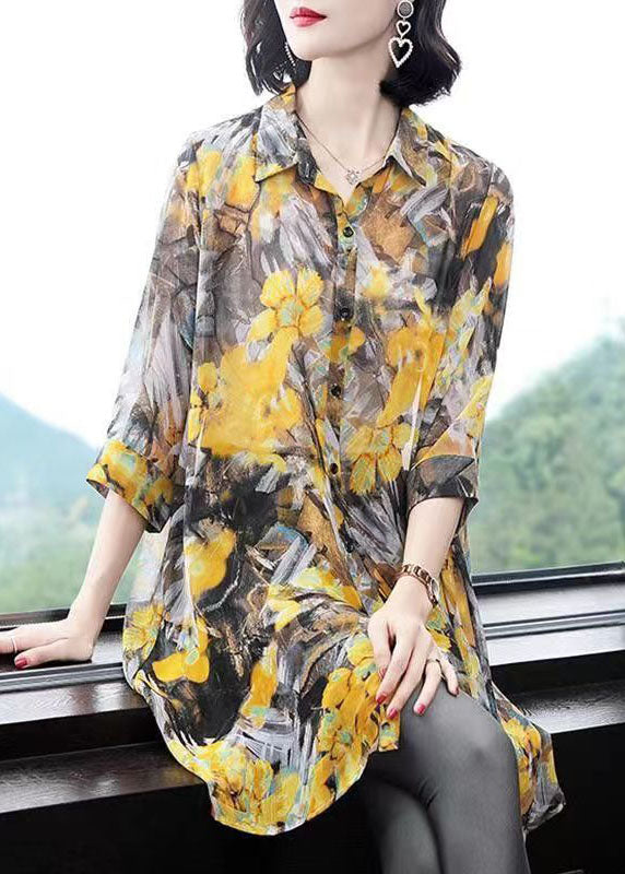 Classy Yellow Peter Pan Collar Print Patchwork Chiffon Shirts Top Summer LY6736 - fabuloryshop