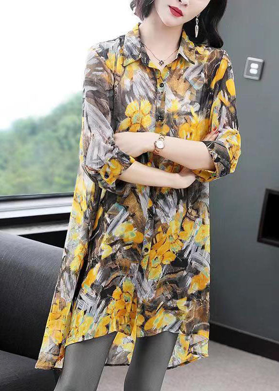 Classy Yellow Peter Pan Collar Print Patchwork Chiffon Shirts Top Summer LY6736 - fabuloryshop