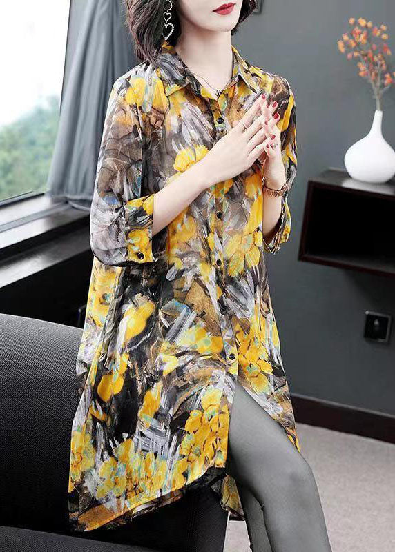 Classy Yellow Peter Pan Collar Print Patchwork Chiffon Shirts Top Summer LY6736 - fabuloryshop