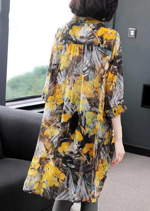 Classy Yellow Peter Pan Collar Print Patchwork Chiffon Shirts Top Summer LY6736 - fabuloryshop