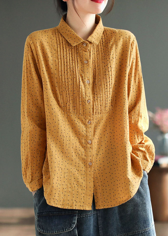 Classy Yellow Peter Pan Collar Print Wrinkled Patchwork Cotton Blouses Spring Ada Fashion