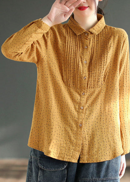 Classy Yellow Peter Pan Collar Print Wrinkled Patchwork Cotton Blouses Spring Ada Fashion