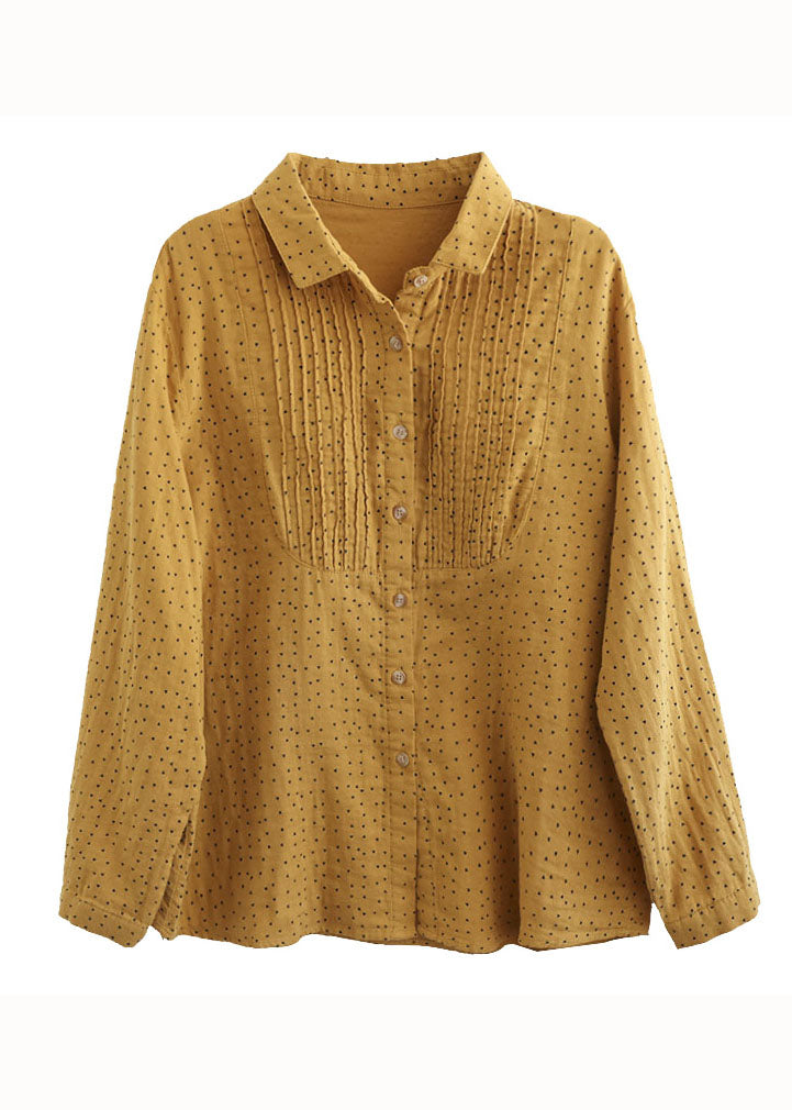 Classy Yellow Peter Pan Collar Print Wrinkled Patchwork Cotton Blouses Spring Ada Fashion