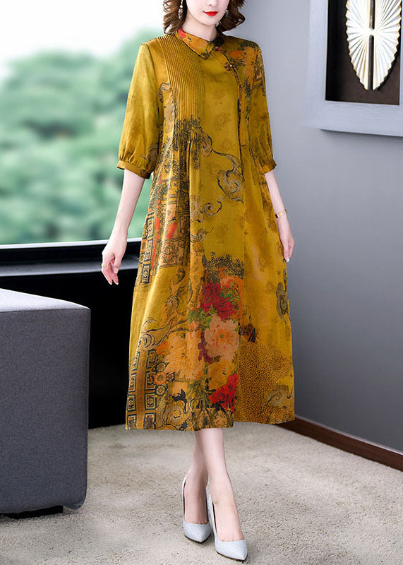 Classy Yellow Peter Pan Collar Print Wrinkled Patchwork Silk Dresses Summer LY5894 - fabuloryshop