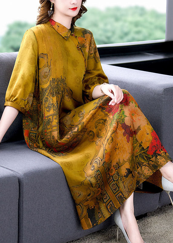 Classy Yellow Peter Pan Collar Print Wrinkled Patchwork Silk Dresses Summer LY5894 - fabuloryshop