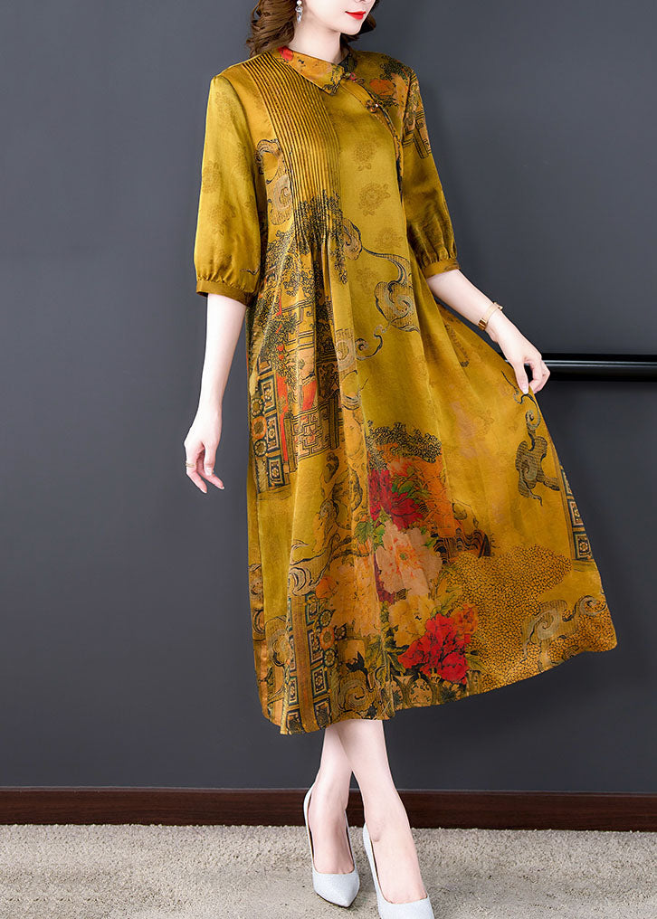 Classy Yellow Peter Pan Collar Print Wrinkled Patchwork Silk Dresses Summer LY5894 - fabuloryshop