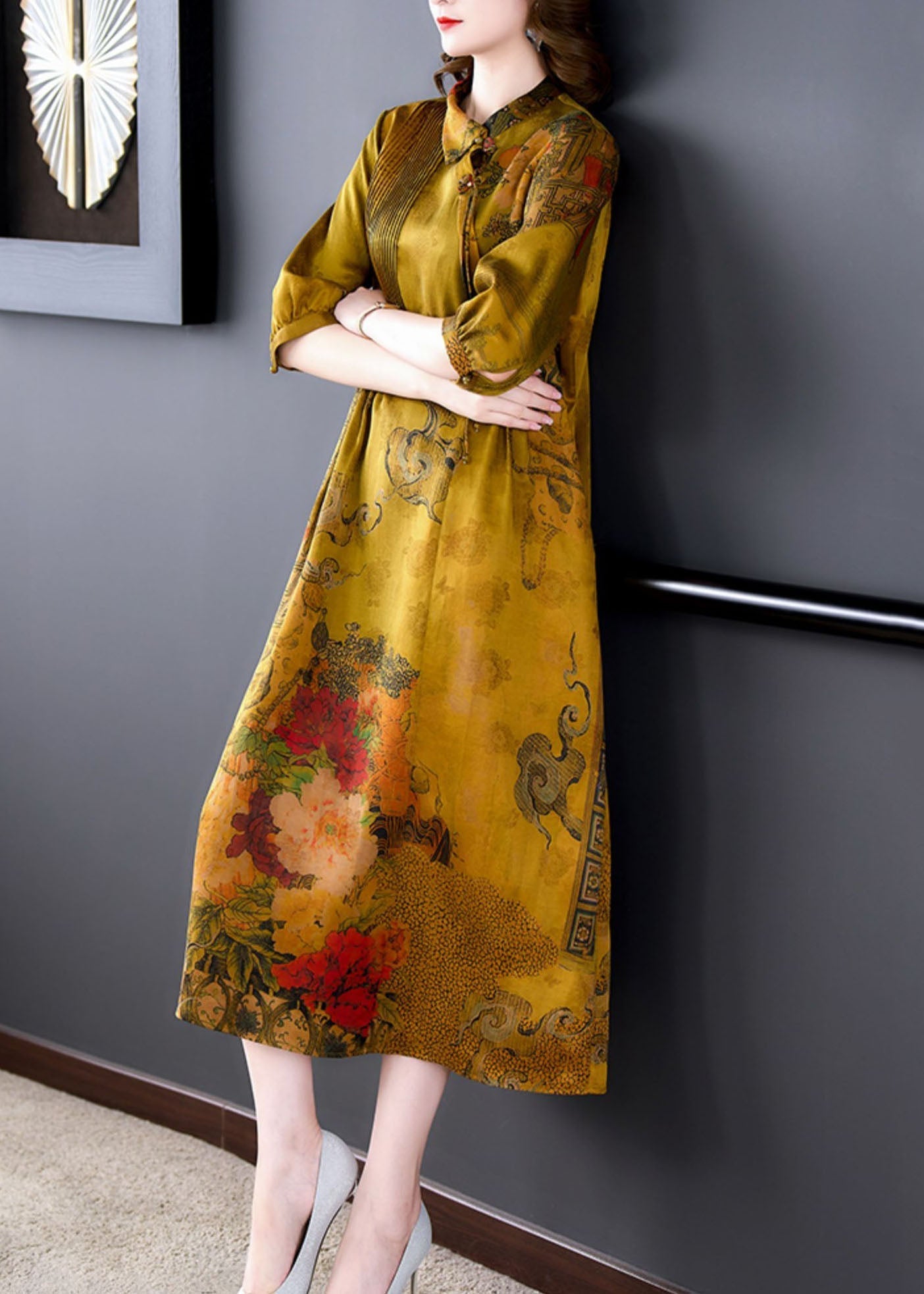 Classy Yellow Peter Pan Collar Print Wrinkled Patchwork Silk Dresses Summer LY5894 - fabuloryshop