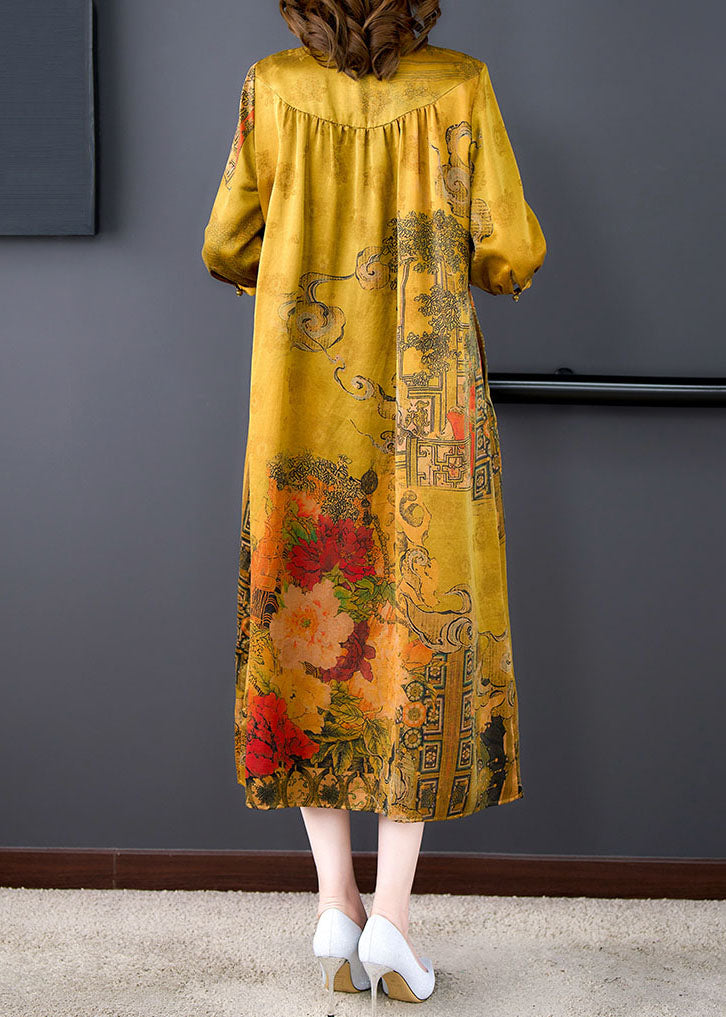 Classy Yellow Peter Pan Collar Print Wrinkled Patchwork Silk Dresses Summer LY5894 - fabuloryshop