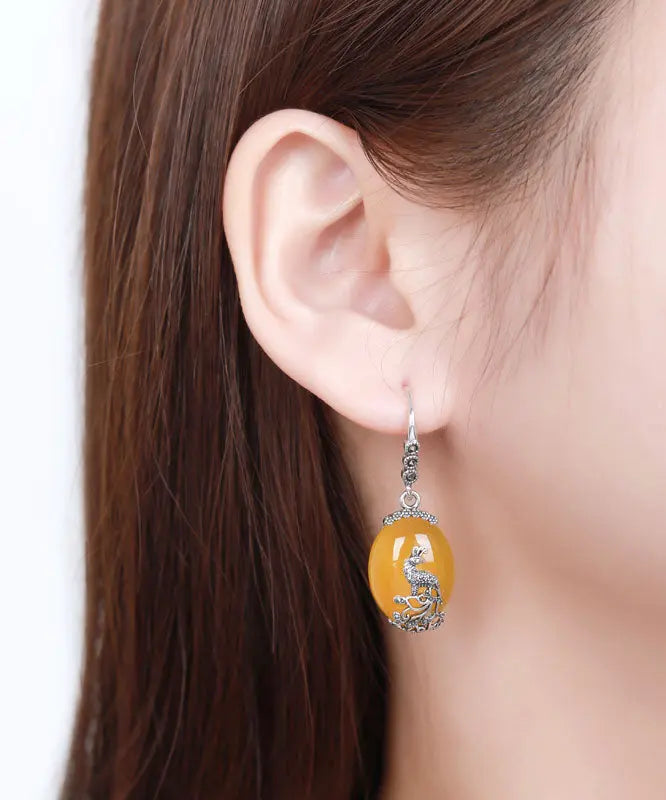 Classy Yellow Sterling Silver Inlaid Chalcedony Peacock Drop Earrings Ada Fashion