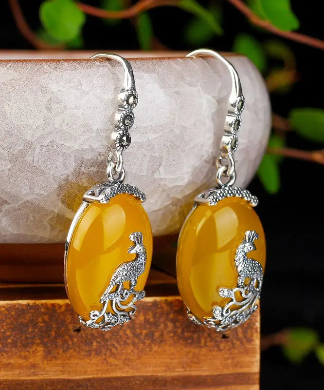 Classy Yellow Sterling Silver Inlaid Chalcedony Peacock Drop Earrings Ada Fashion