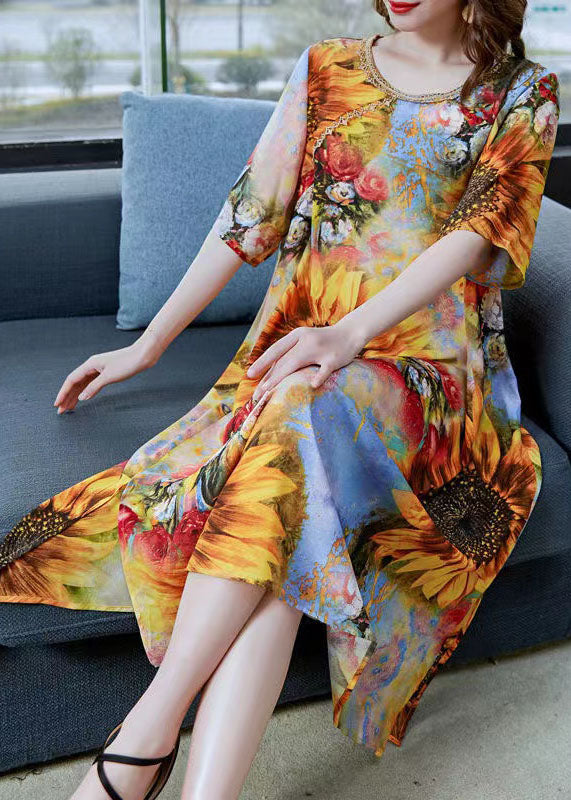 Classy Yellow The Sunflowers Print Patchwork Chiffon Dress Summer Ada Fashion