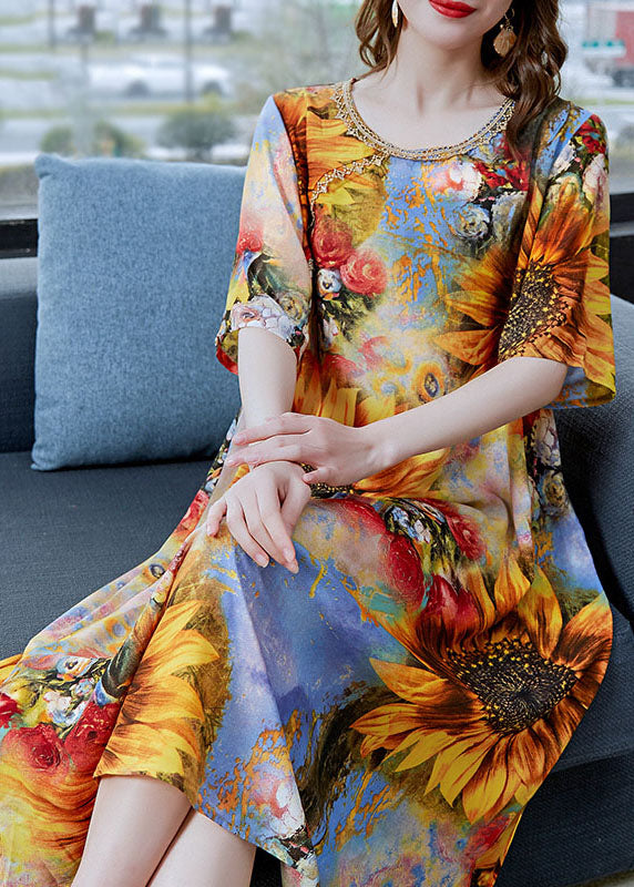 Classy Yellow The Sunflowers Print Patchwork Chiffon Dress Summer Ada Fashion