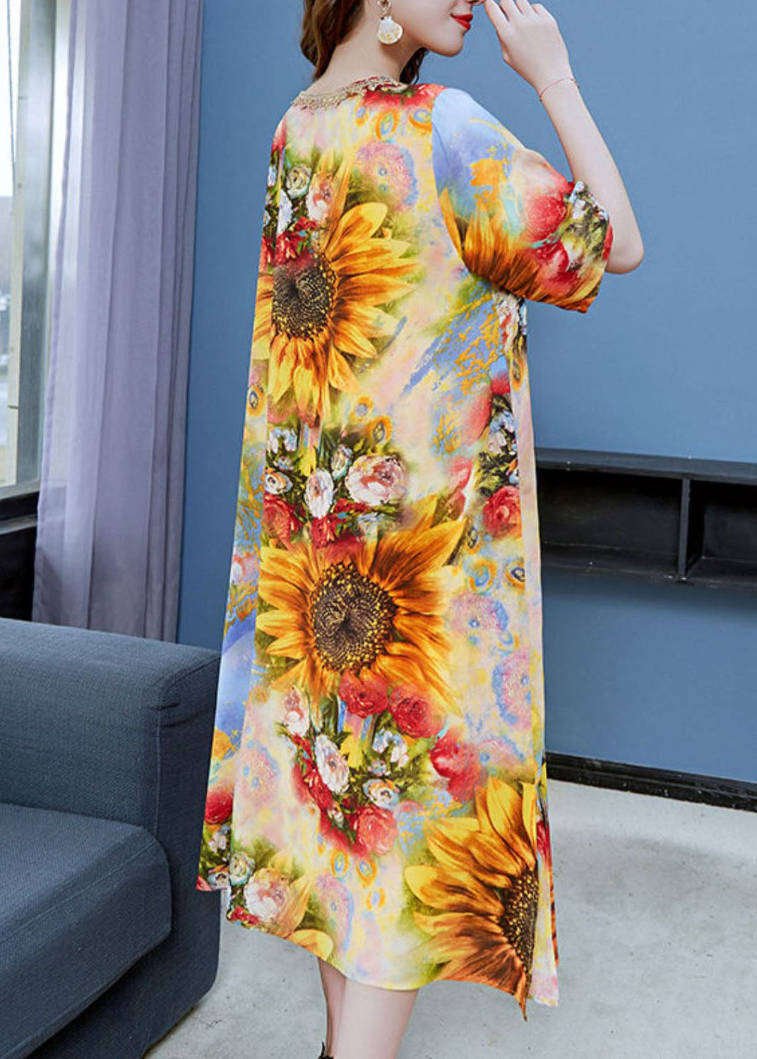 Classy Yellow The Sunflowers Print Patchwork Chiffon Dress Summer Ada Fashion