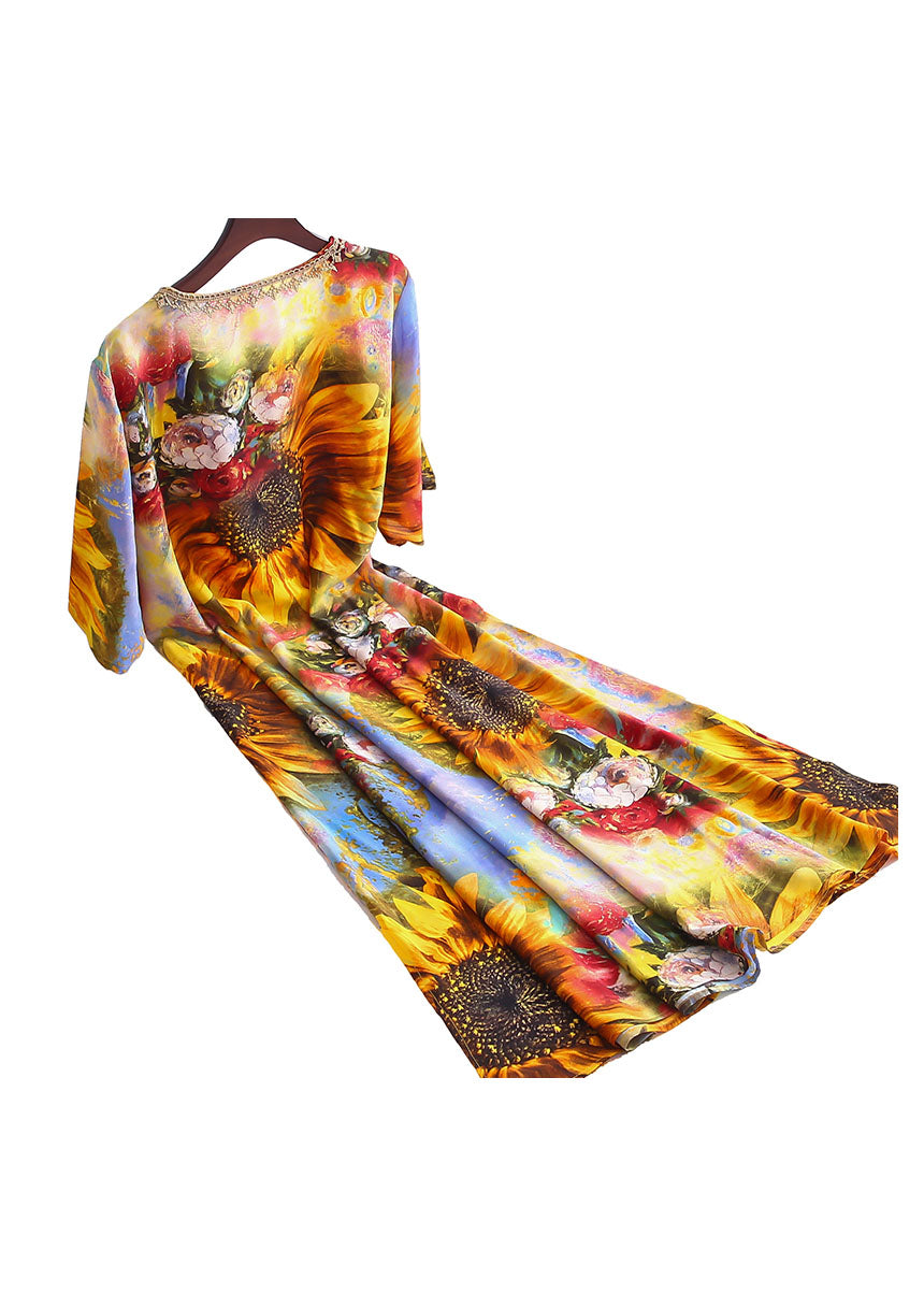 Classy Yellow The Sunflowers Print Patchwork Chiffon Dress Summer Ada Fashion