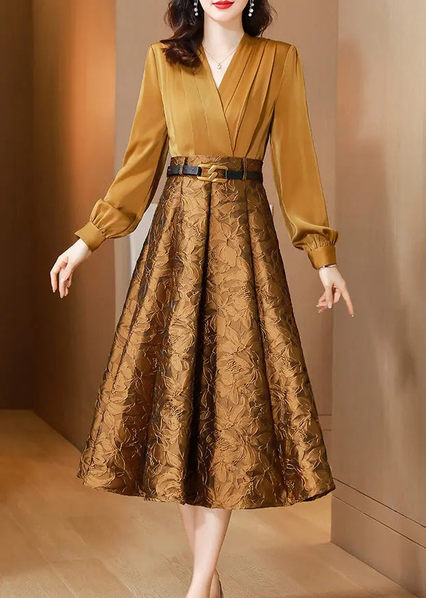 Classy Yellow V Neck Jacquard Tie Waist Patchwork Silk Dress Fall Ada Fashion