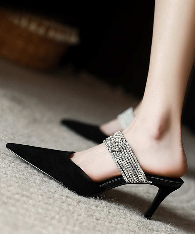 Classy Zircon Black Suede Slide Sandals