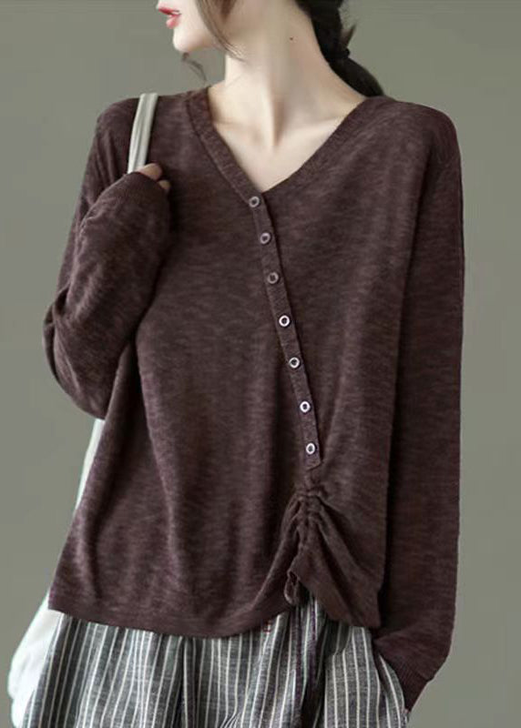 Coffee Button Lace Up Patchwork Knitting Top V Neck Long Sleeve Ada Fashion