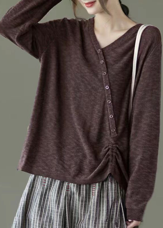 Coffee Button Lace Up Patchwork Knitting Top V Neck Long Sleeve Ada Fashion