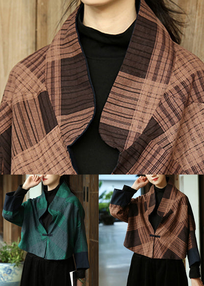 Coffee Button Patchwork Cotton Coat Stand Collar Long Sleeve Ada Fashion