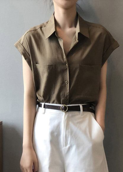 Coffee Button Solid Loose Shirts Short Sleeve LY2166 - fabuloryshop