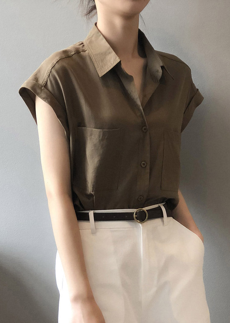 Coffee Button Solid Loose Shirts Short Sleeve LY2166 - fabuloryshop