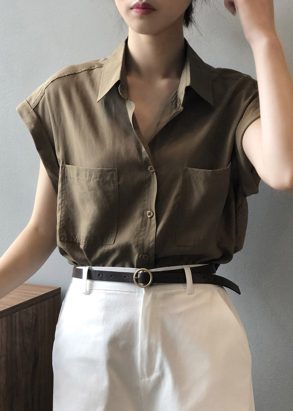 Coffee Button Solid Loose Shirts Short Sleeve LY2166 - fabuloryshop