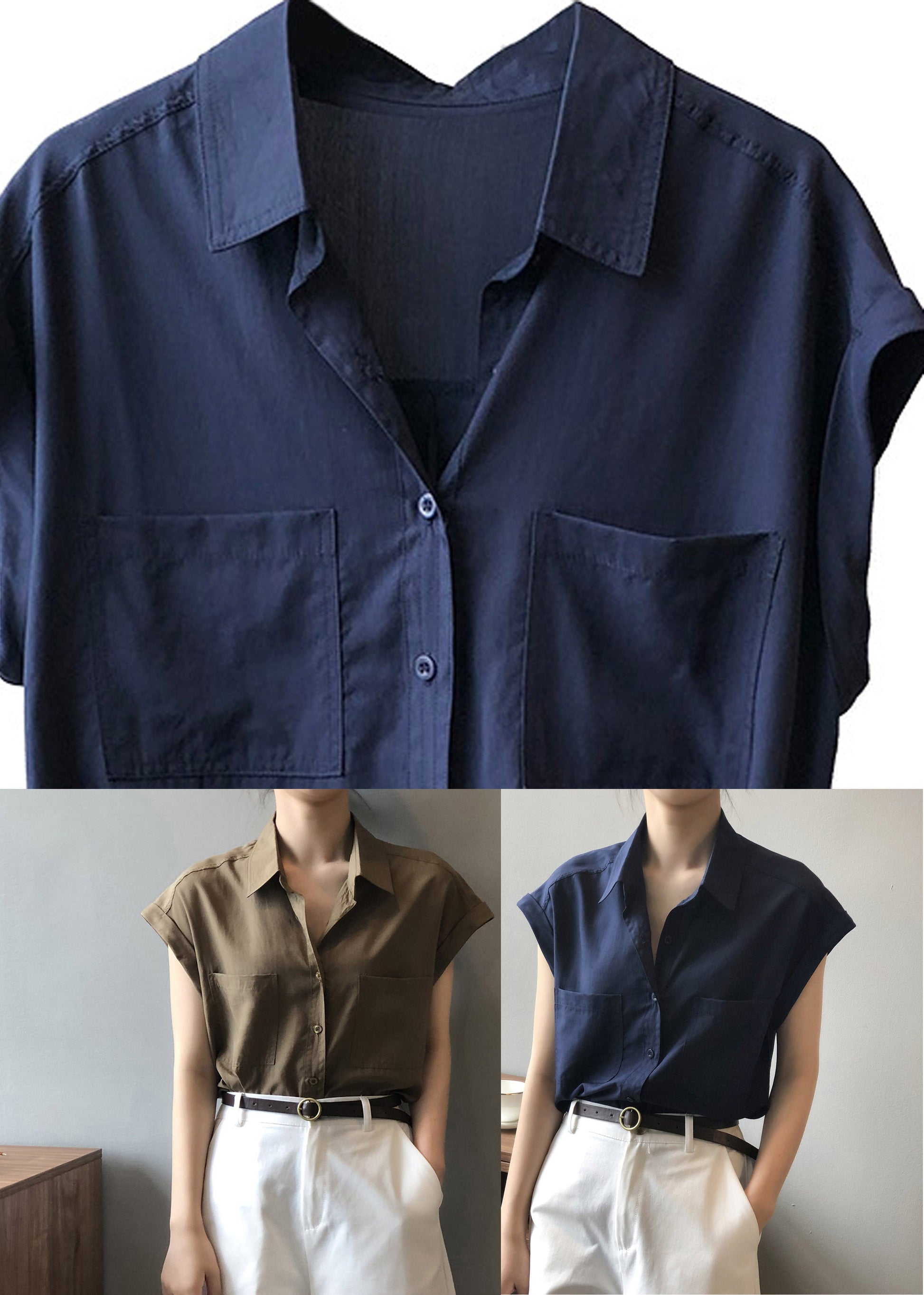 Coffee Button Solid Loose Shirts Short Sleeve LY2166 - fabuloryshop