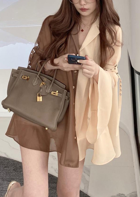 Coffee Button Thin Chiffon Shirt Long Sleeve LY0793 - fabuloryshop