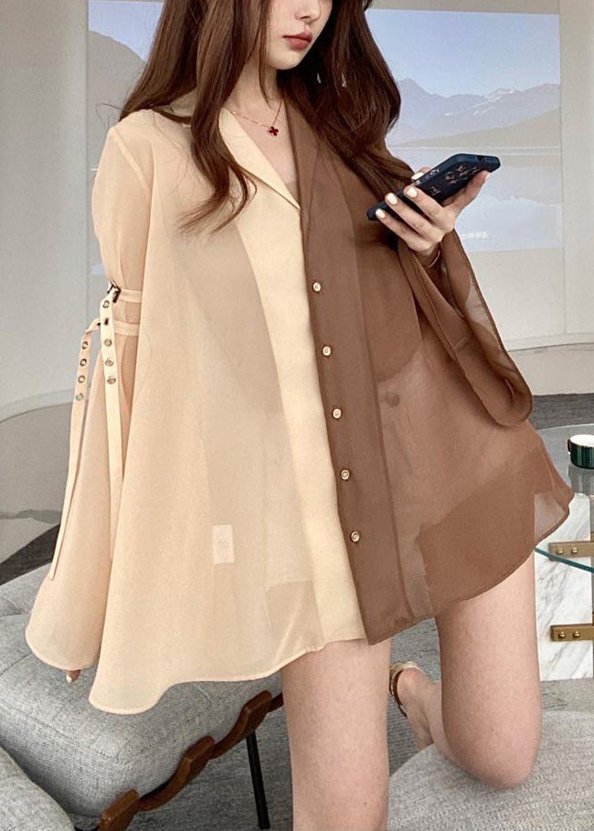 Coffee Button Thin Chiffon Shirt Long Sleeve LY0793 - fabuloryshop