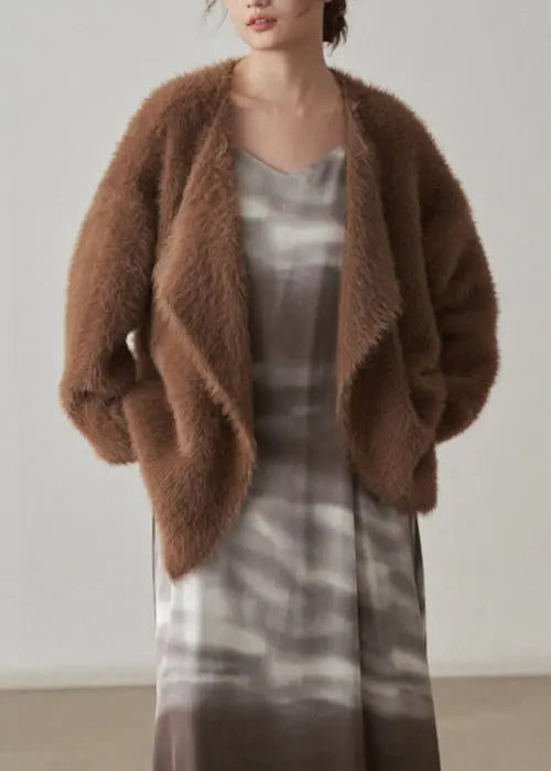 Coffee Chunky Mink Hair Knitted Cardigan V-Neck Long Sleeve Ada Fashion