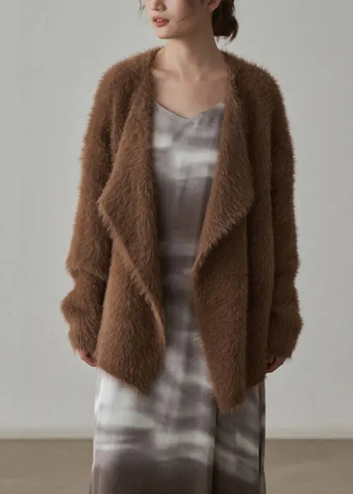 Coffee Chunky Mink Hair Knitted Cardigan V-Neck Long Sleeve Ada Fashion