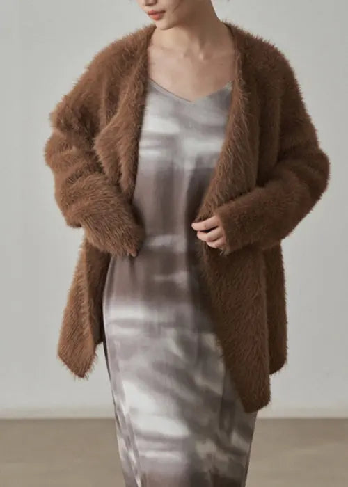 Coffee Chunky Mink Hair Knitted Cardigan V-Neck Long Sleeve Ada Fashion