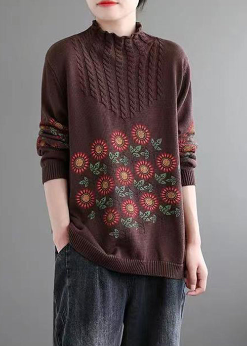 Coffee Cozy Patchwork Knitted Cotton Sweaters Turtleneck Long Sleeve Ada Fashion