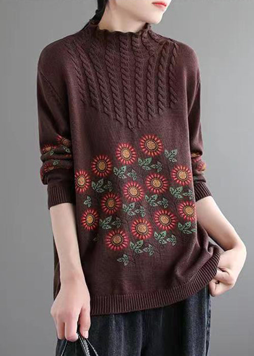 Coffee Cozy Patchwork Knitted Cotton Sweaters Turtleneck Long Sleeve Ada Fashion