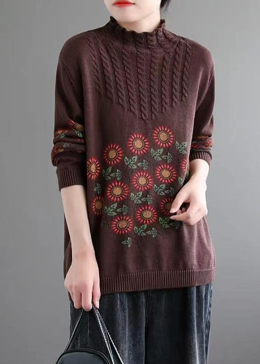 Coffee Cozy Patchwork Knitted Cotton Sweaters Turtleneck Long Sleeve Ada Fashion