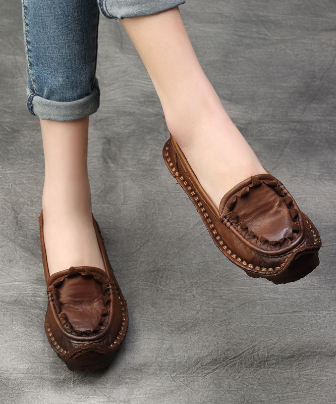 Coffee Flat Shoes For Women Splicing Cowhide Leather Vintage Ada Fashion