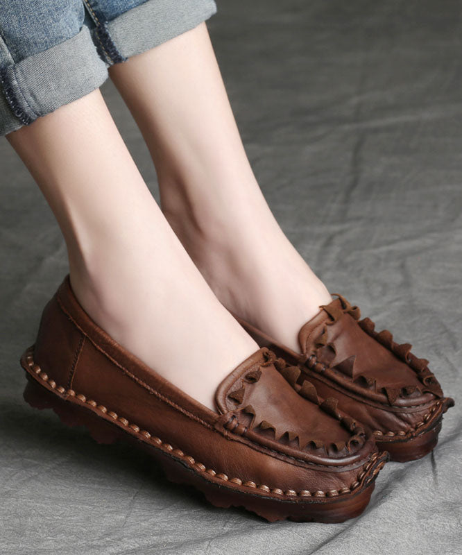 Coffee Flat Shoes For Women Splicing Cowhide Leather Vintage Ada Fashion