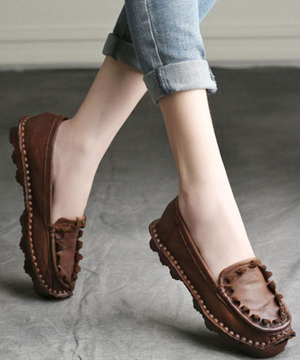Coffee Flat Shoes For Women Splicing Cowhide Leather Vintage Ada Fashion