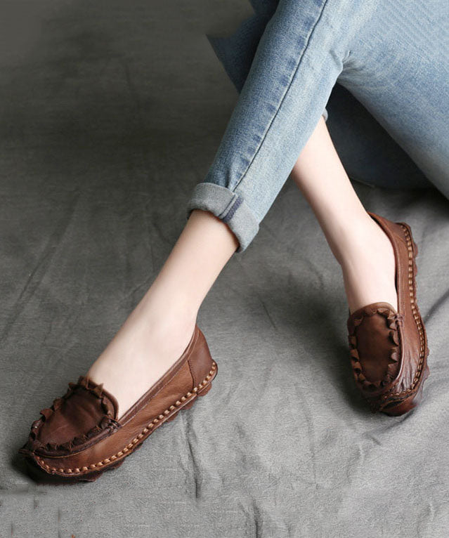 Coffee Flat Shoes For Women Splicing Cowhide Leather Vintage Ada Fashion