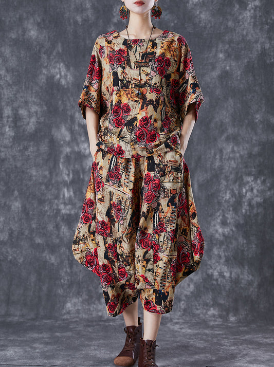 Coffee Floral Cotton Two Piece Suit Set Asymmetrical Oversized Summer TD1061 - fabuloryshop