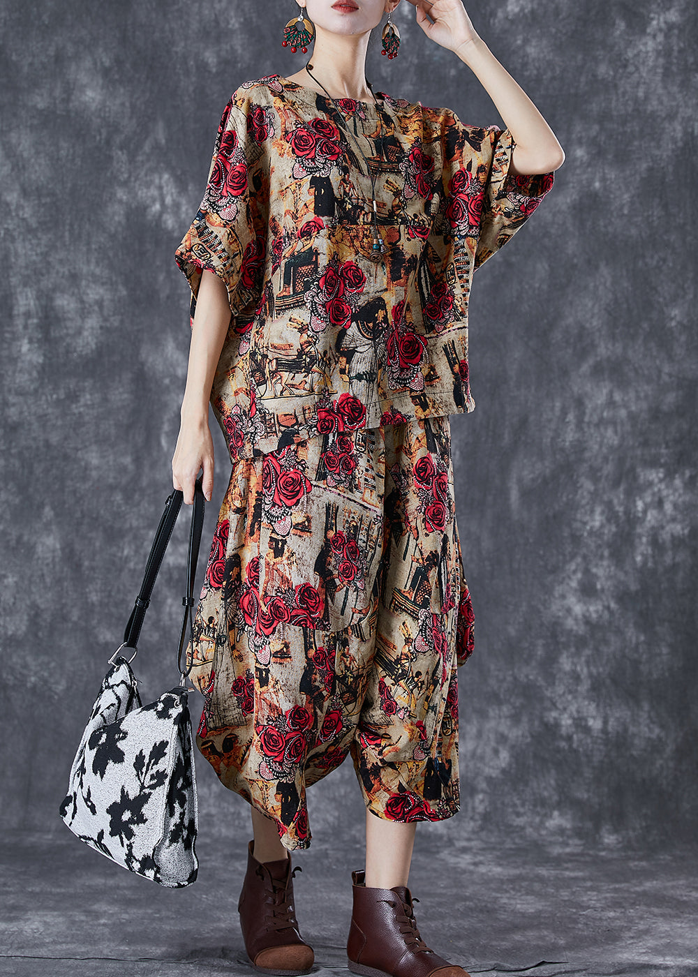 Coffee Floral Cotton Two Piece Suit Set Asymmetrical Oversized Summer TD1061
